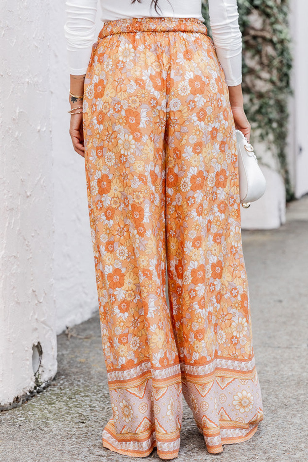 Grapefruit oranje stropdas taille Boho bloemen wijde pijpen broek