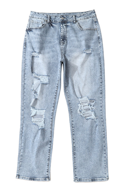 Hemelsblauwe, lichte wassing, gerafelde slim-fit jeans met hoge taille