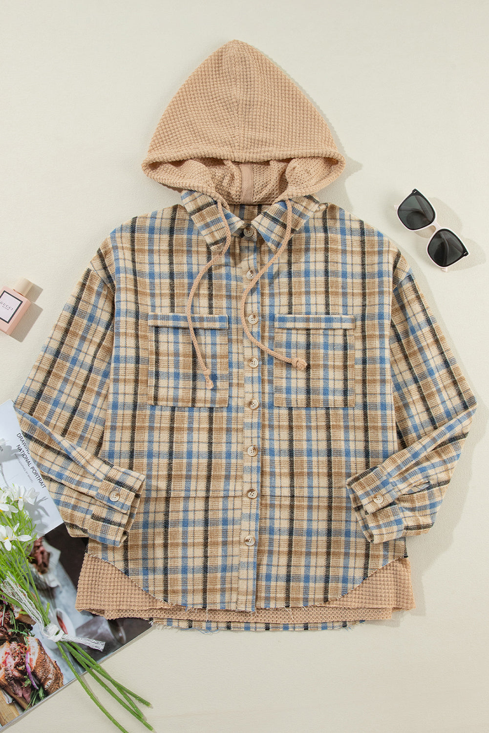 Ashleigh Blue Waffle Breid Patchwork Hooded Plaid Shacket