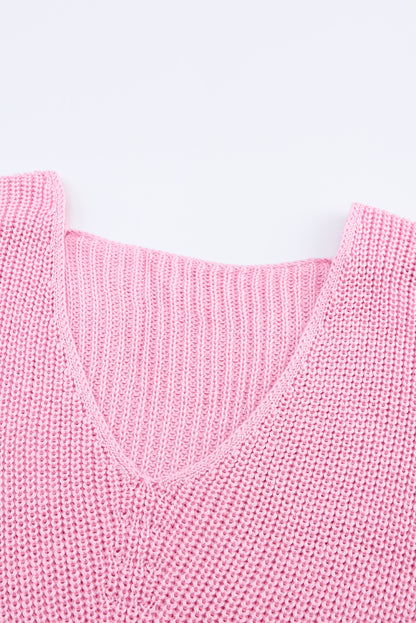 Pink Ribbed Knit V Neck Sweater