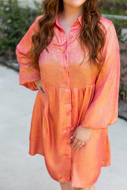 Peach Blossom Metallic Ballon Sleeve Shirt Plus size mini -jurk