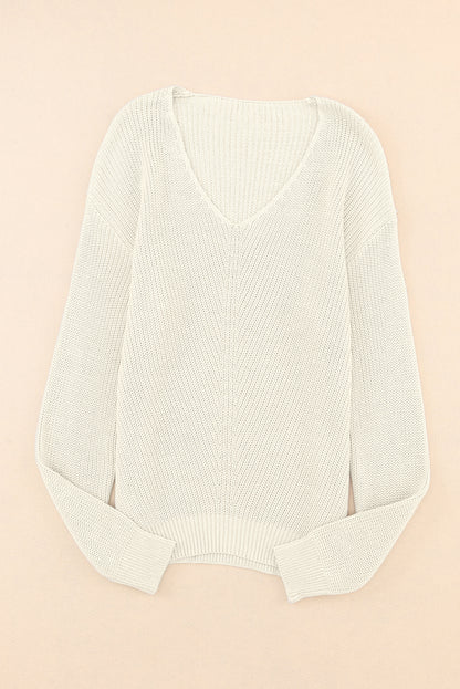 Beige Ribbed Knit V Neck Sweater