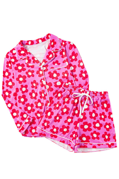 Roze bloemenprint shirt met lange mouwen, shorts, pyjamaset