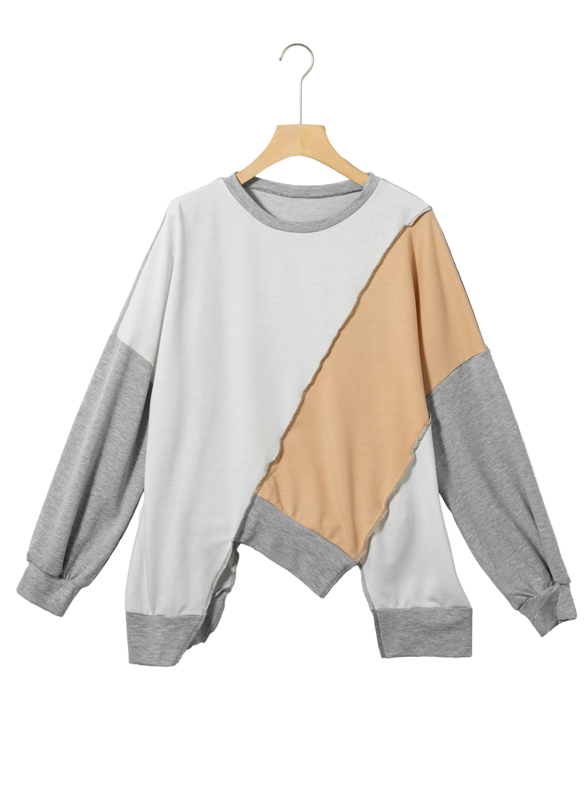 Licht Frans beige colorblock stiksel, onregelmatige zoom, top met lange mouwen