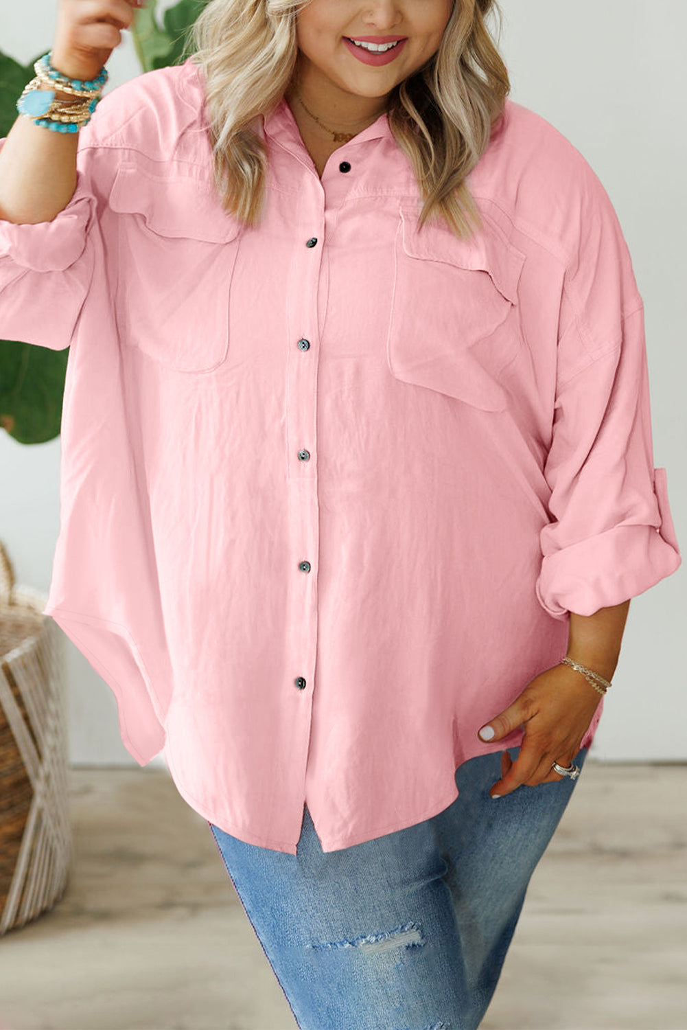 Roze overhemd met klepzak, tab-mouw, button-down en grote maat