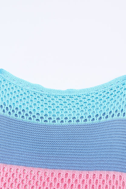 Sky Blue Knitted Eyelet Colorblock Striped Half Sleeves Top