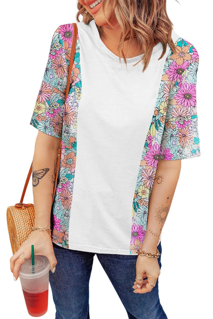 Witte bloemenprint patchwork top met korte mouwen