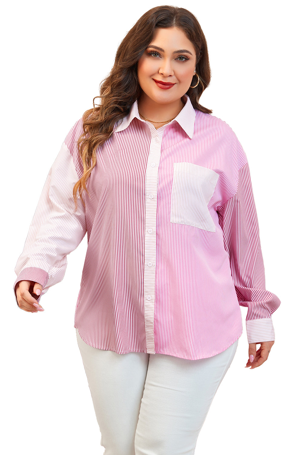 Roze strepenprint colorblock plus size shirt