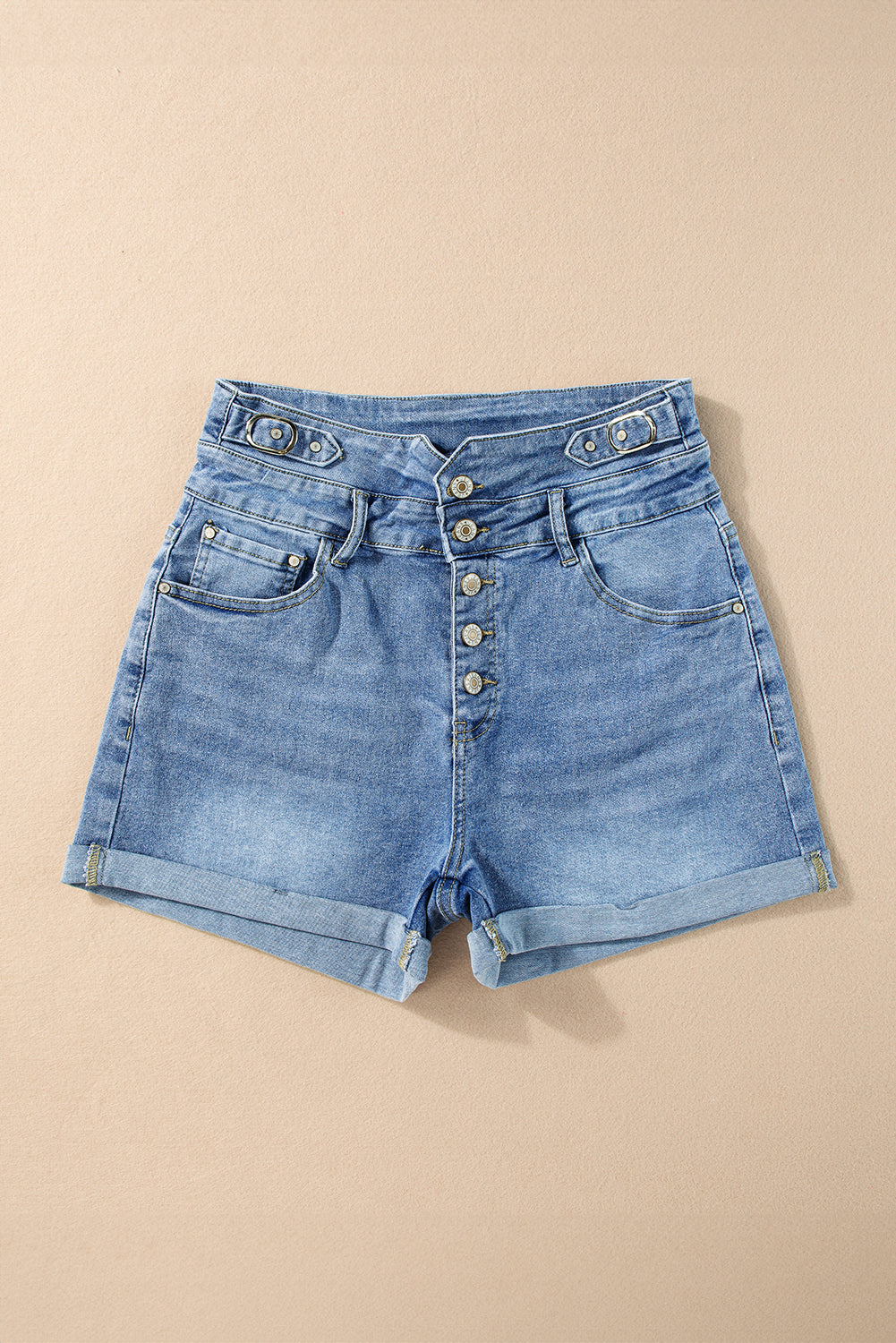 Dusk Blue Button Fly hoge taille Roll Edge denim shorts