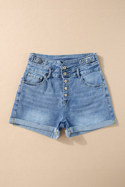 Dusk Blue Button Fly hoge taille Roll Edge denim shorts