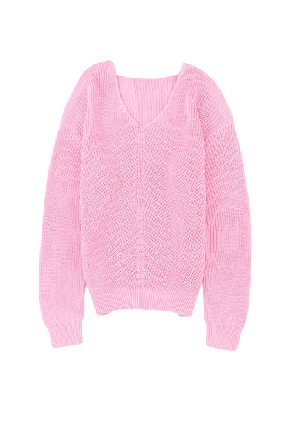 Pink Ribbed Knit V Neck Sweater