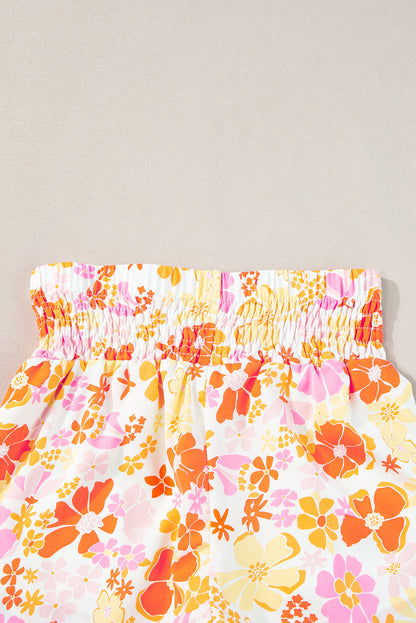 Orange Boho Floral Shirred High Waist Casual Shorts