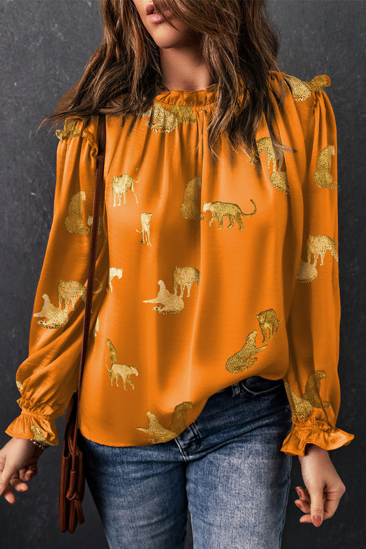 Oranje blouse met cheetah-print en gegolfde mouwen