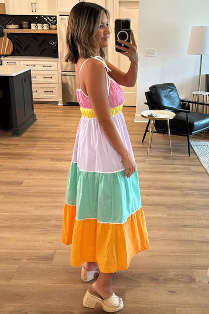 Multicolour colorblock zelfblokken riemen hoge taille flowy maxi-jurk met zakken