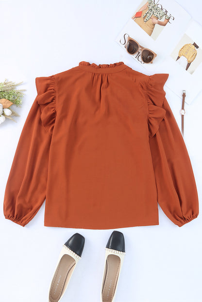 Orange Ruffled Pleated Buttoned V Neck Blouse