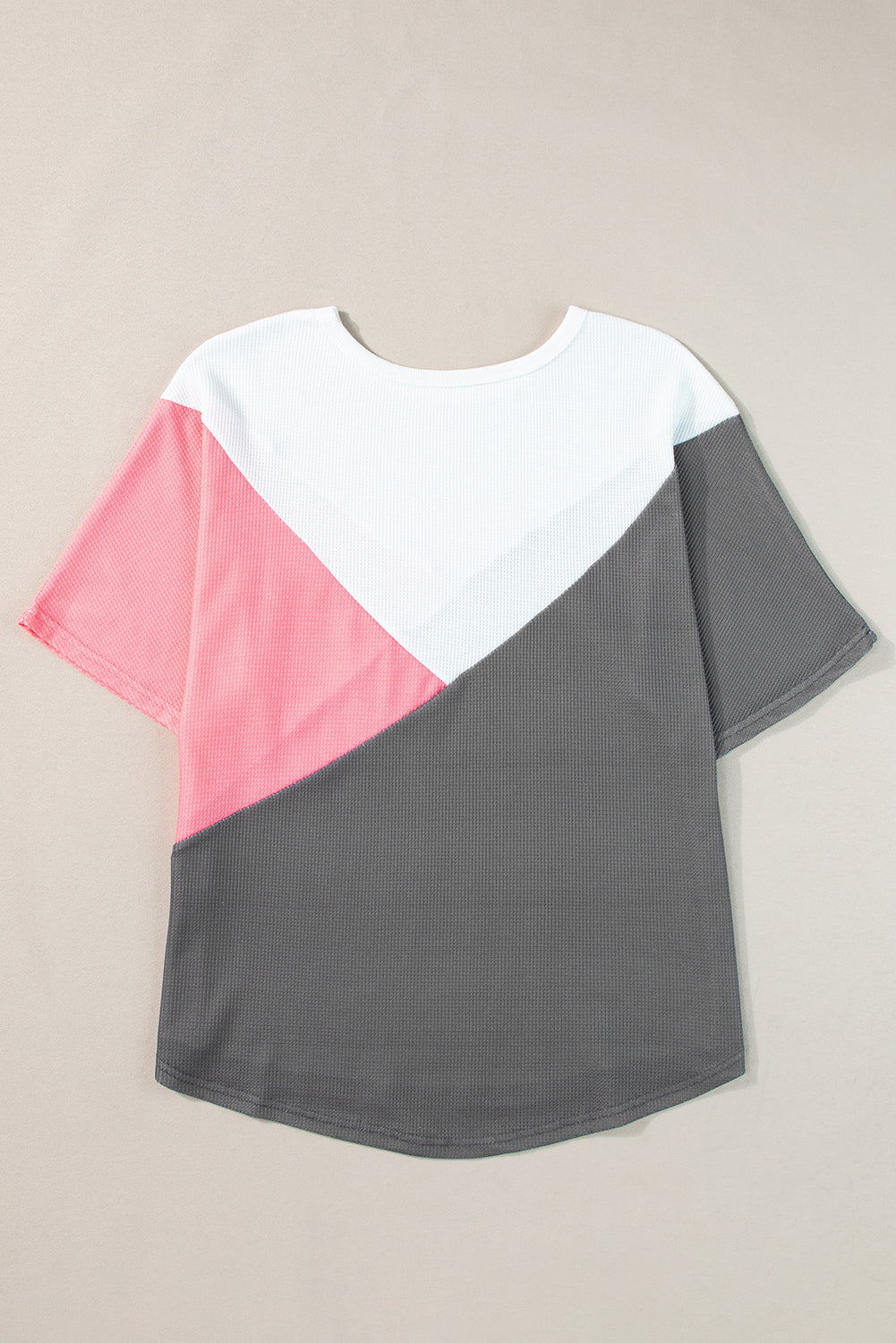 Aardbeienroze colorblock wafelgebreid T-shirt met halve mouwen