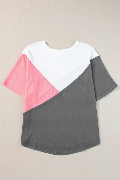 Aardbeienroze colorblock wafelgebreid T-shirt met halve mouwen