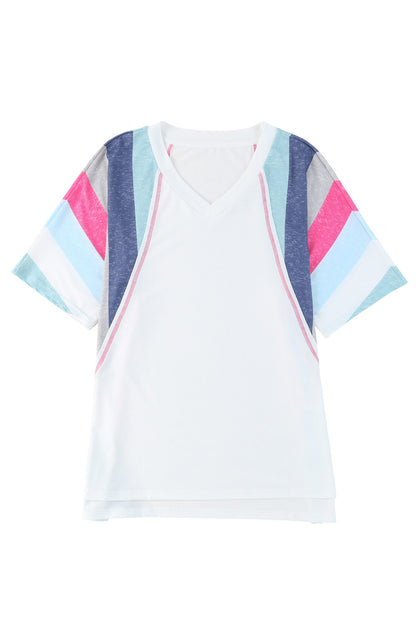 T-shirt met witte strepen en patchwork met V-hals