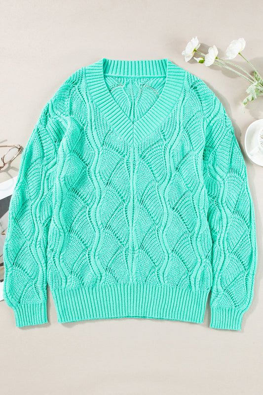 Mint Green Hollow Out Knit V Neck Drop Shoulder Sweater