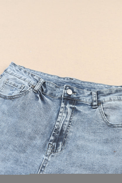 Hemelsblauwe, lichte wassing, gerafelde slim-fit jeans met hoge taille