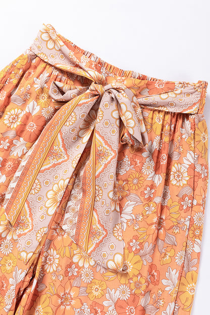 Grapefruit oranje stropdas taille Boho bloemen wijde pijpen broek