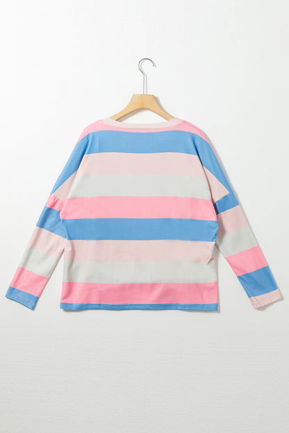 Pink Contrast Striped V Neck Long Sleeve Top