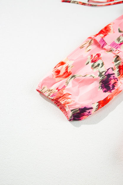 Roze gesmokte mini-jurk met hoge taille en abstracte print