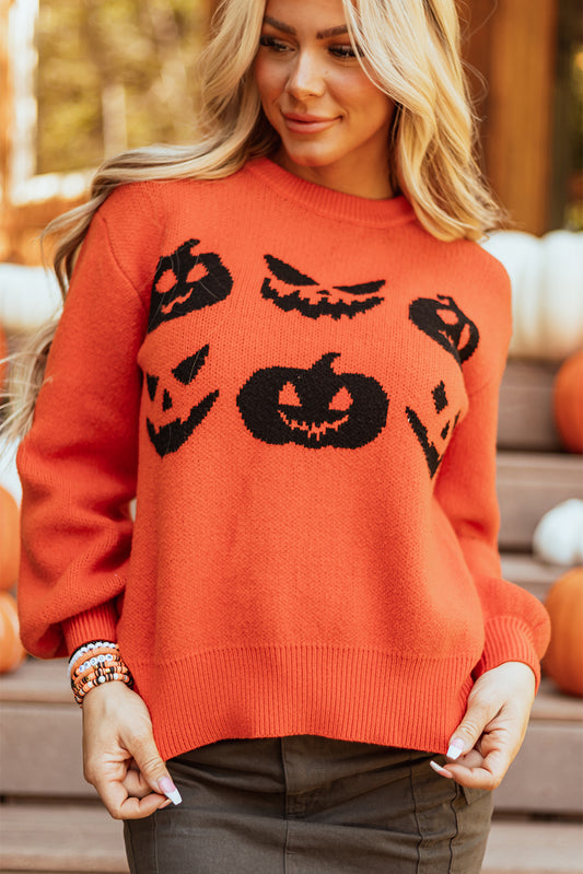 Zwart Halloween Pompoen gezichtspatroon Drop Shoulder Sweater