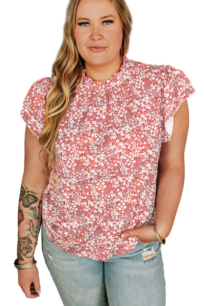 Roze grote maat blouse met bloemenprint, ruches aan de mouwen en ruches aan de hals