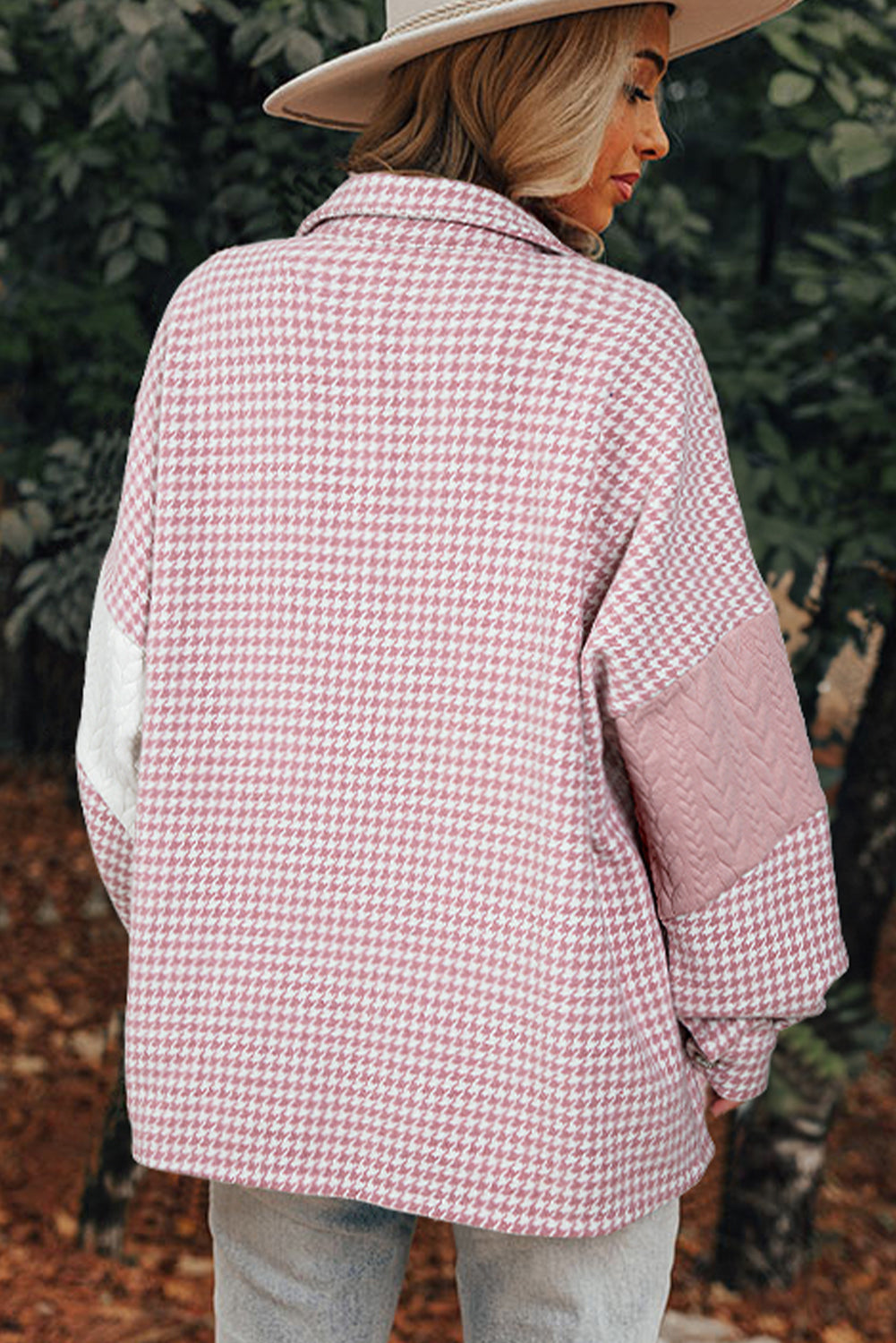 Pink Houndstooth kleur contrast textured patchwork losse shacket