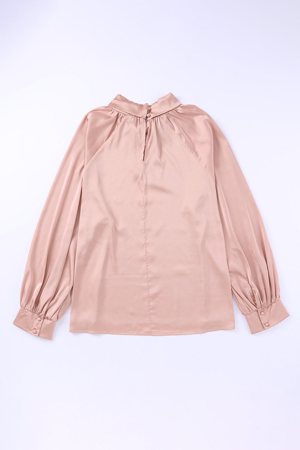 Roze satijnen blouse met hoge hals en pofmouwen