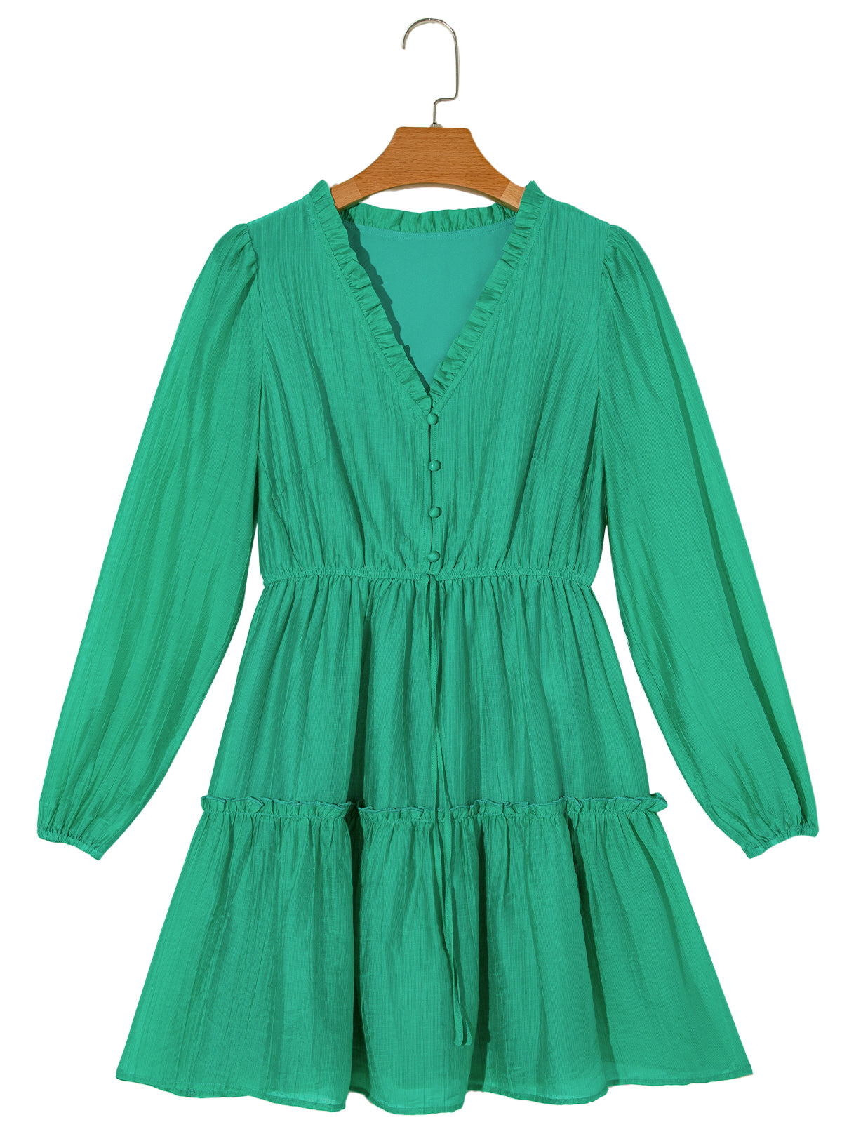 Sea Green Frilly V Neck Puff Sleeve Drawstring Shift Mini Dress