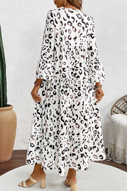 Witte luipaardprint Notch V nek losse fit maxi -jurk