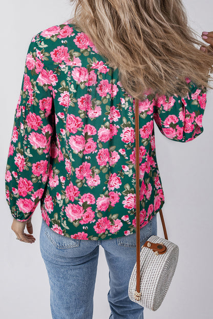 Green Floral Printed Tied Collar Puff Sleeve Blouse