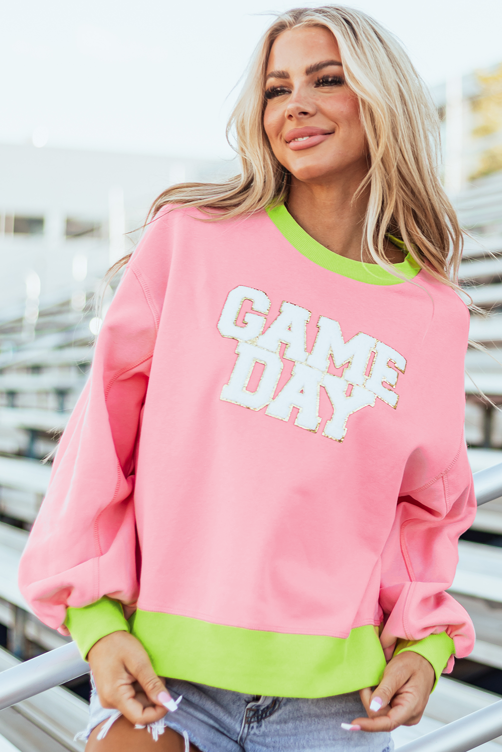 Pink GAME DAY Glitter Color Block Crew Neck Sweatshirt