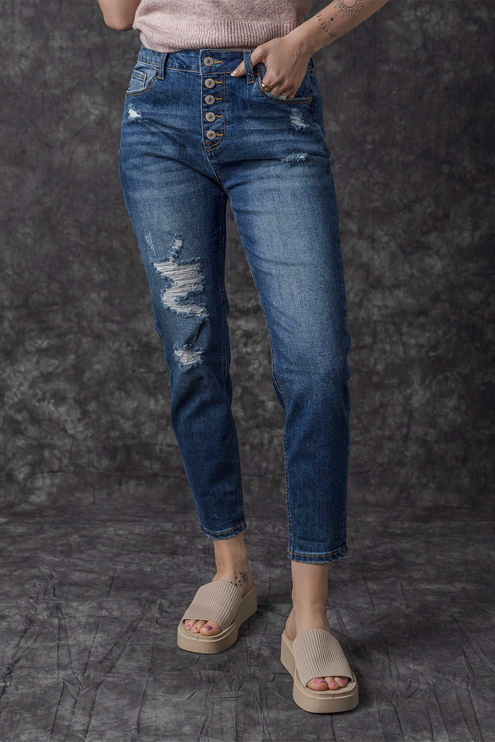 Blauwe noodlijdende skinny jeans met hoge taille en knoopsluiting