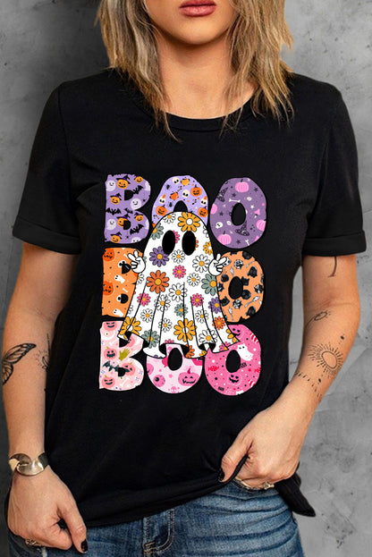 Black Boo Floral Ghost Print Crew Neck Halloween T -shirt