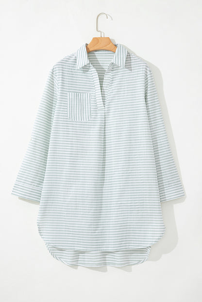 White Stripe Collared V Neck Chest Pocket Long Sleeve Beach Cover up