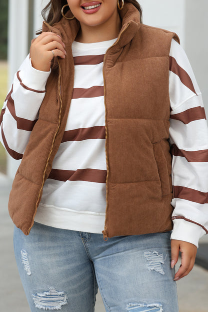 Coffee Corduroy Stand Neck Zipped Puffer Vest