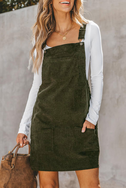 Wijngaardgroene effen voorzakken, mouwloze corduroy overall-jurk