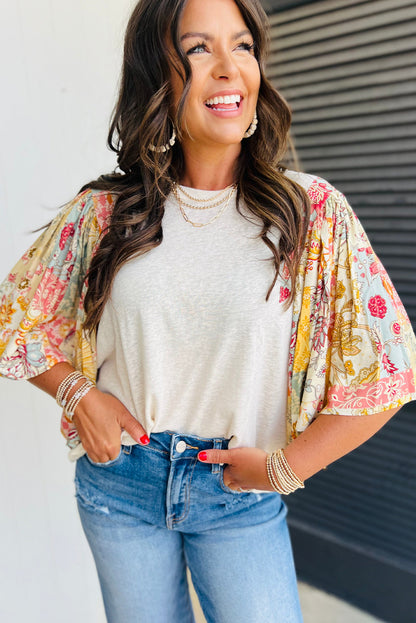 Beige Floral Patchwork Half Batwing Sleeve Blouse