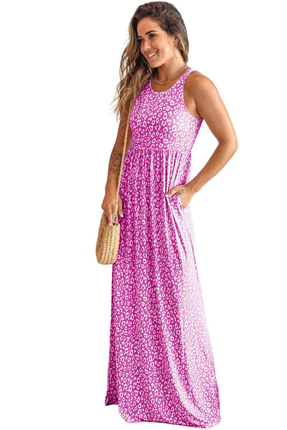 Mouwloze maxi-jurk met roze luipaardprint en zakken