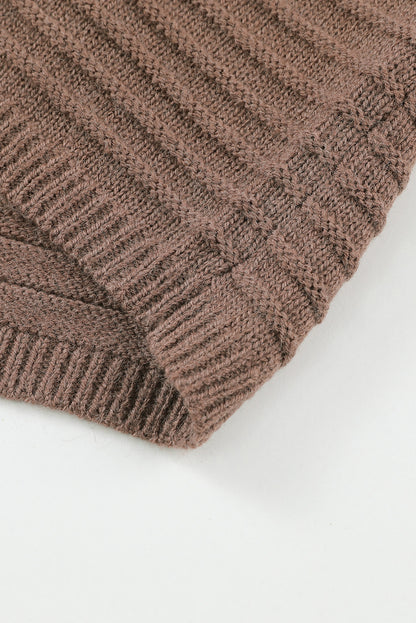 Brown Horizontal Rib Knitted Open Front Hooded Cardigan