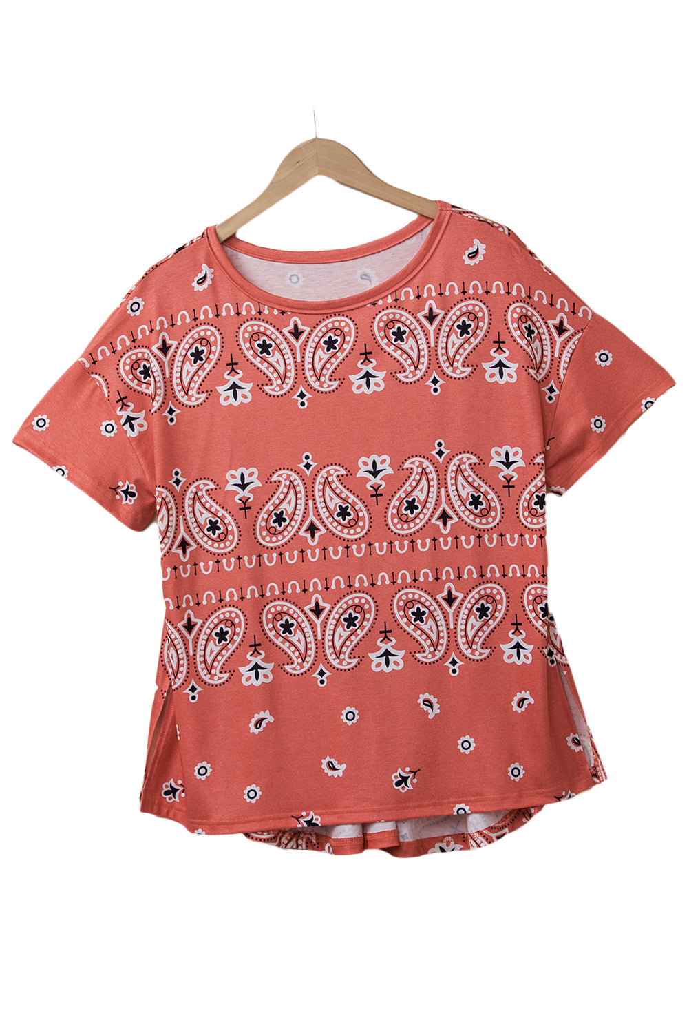 Red Paisley Print Side Slits Crew Neck T Shirt