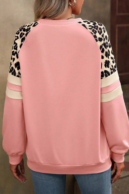 Peach Blossom Leopard Print Colorblock Raglan Sleeve Sweatshirt