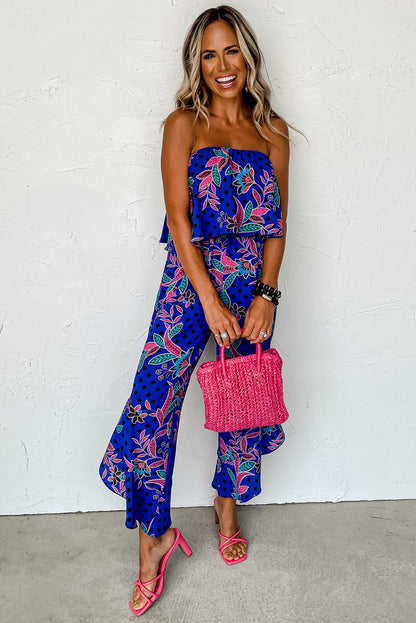 Blauwmix strapless jumpsuit met ruches en tropische print