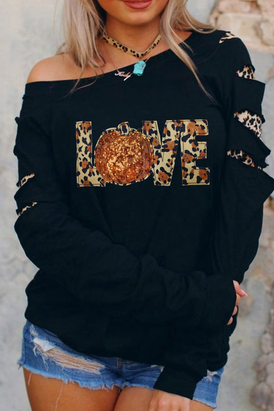 Zwarte LOVE Sequin Pumpkin Leopard Print Cut Out Sleeve Sweatshirt