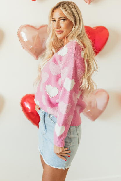 Roze Pearled Heart Print Valentijns Crew Neck Sweater