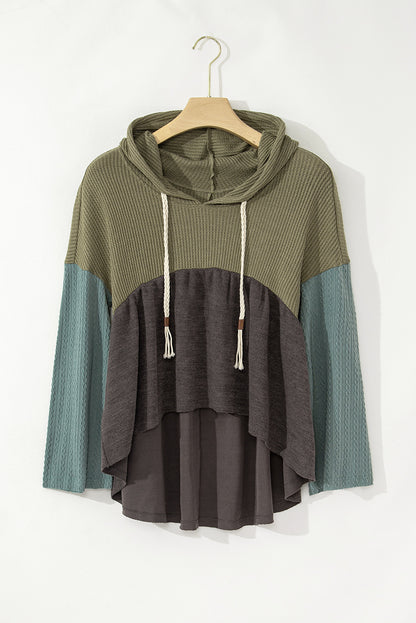 Laurel Green Mixed Textured Colorblock Patchwork Wide Sleeve Frayed High Low Hooded Top