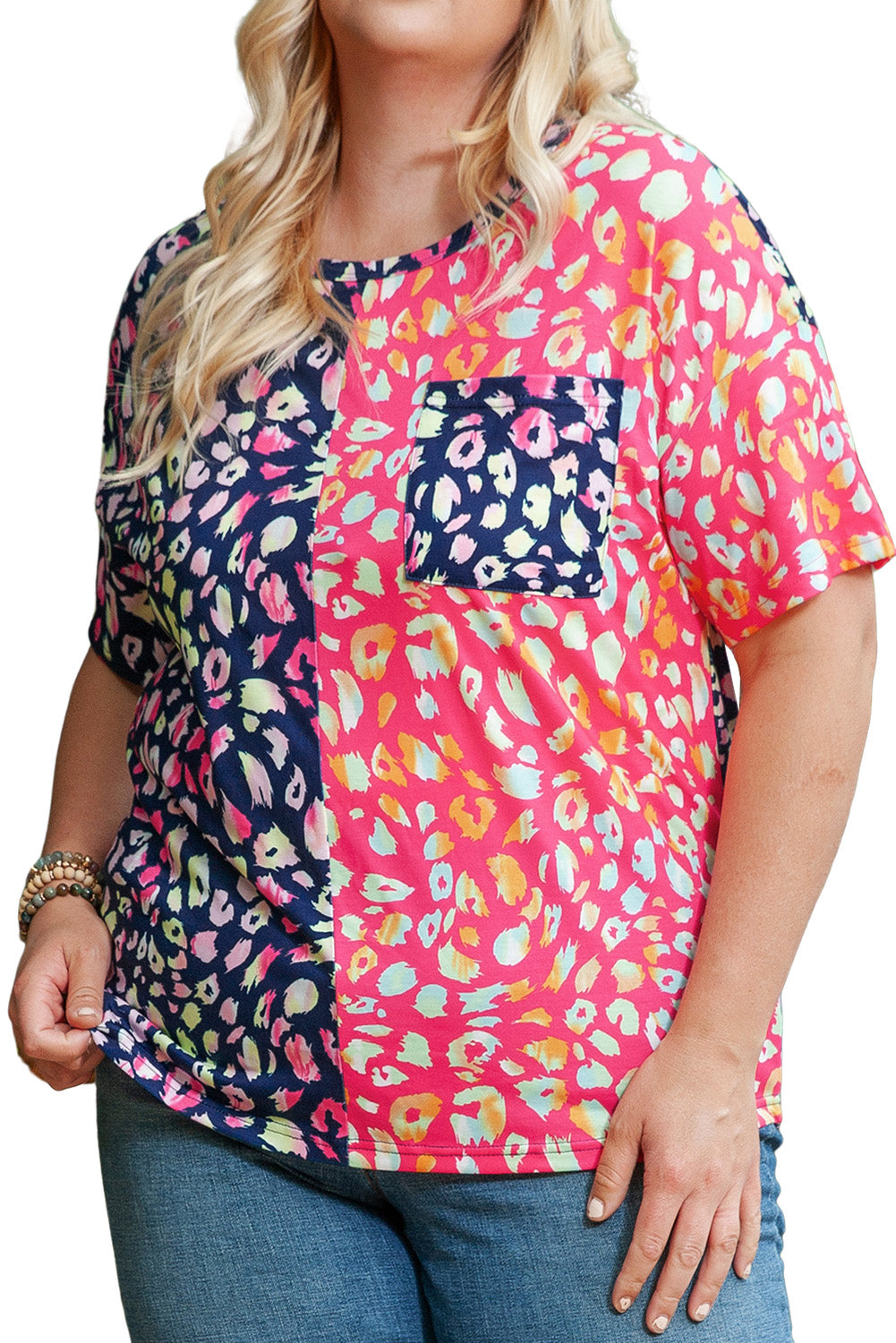 Plus size luipaard colorblock top met korte mouwen